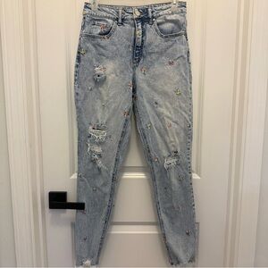 Tinseltown Light Blue Mushroom Embroidered High Waisted Jeans